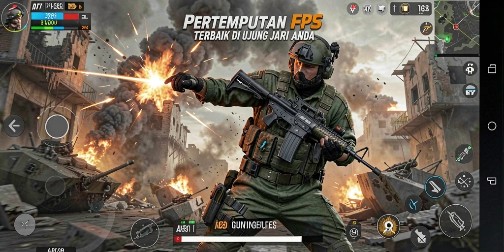 Tampilan gameplay menegangkan dari API288 saat bertempur di arena FPS.