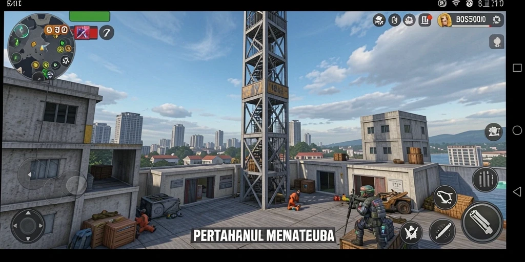 Screenshot gameplay BOS5000 menampilkan menara yang siap bertahan dari serangan musuh.