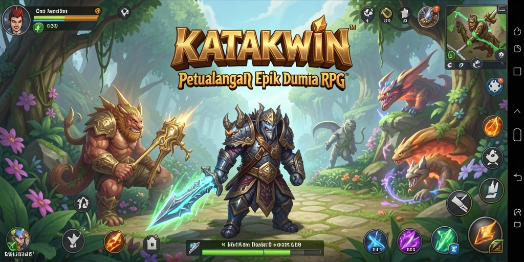 Tangkapan layar gameplay KATAKWIN yang menampilkan pertempuran epik.
