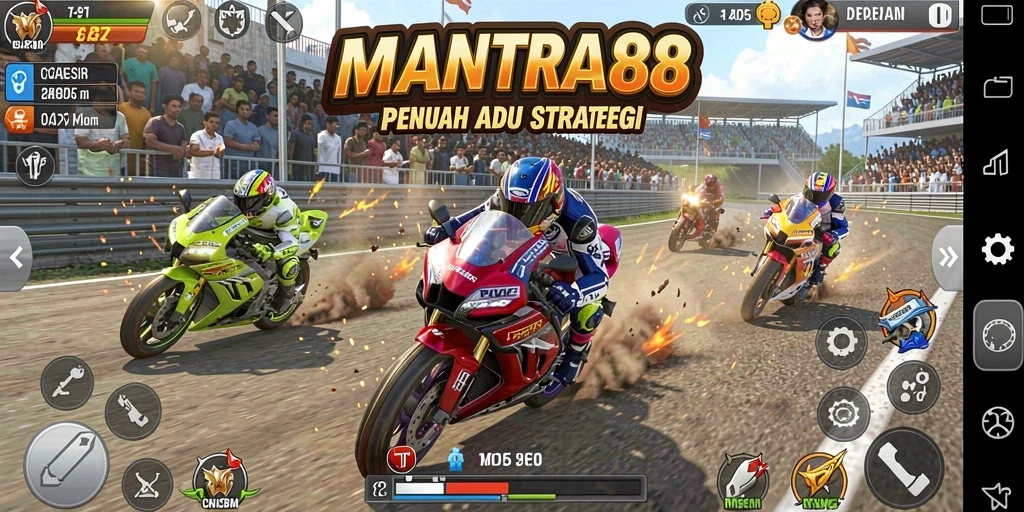 Tampilan gameplay seru MANTRA88 dengan aksi balapan motor yang mendebarkan.