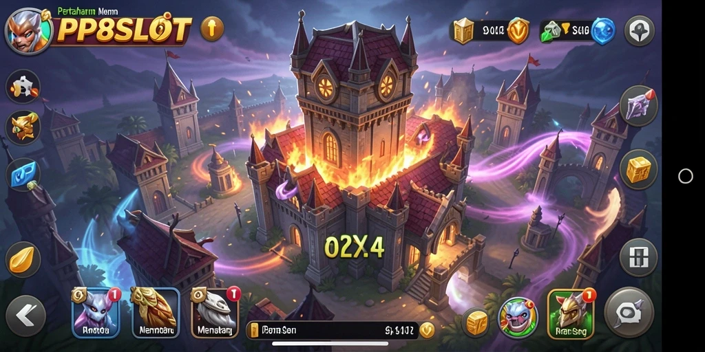 Tampilan gameplay PP8SLOT yang menampilkan pertahanan menara melawan gelombang musuh.
